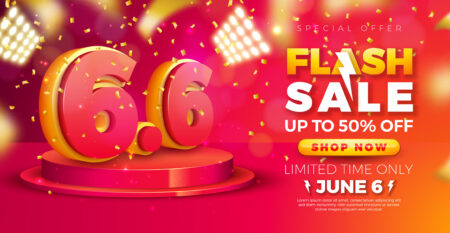 Shopping Day Flash Sale Design with 3d 6.6 Number on Podium and Falling Confetti on Red Background. Vector 6 June Special Offer Illustration for Coupon, Voucher, Banner, Flyer, Promotional Poster, Invitation or Greeting Card.